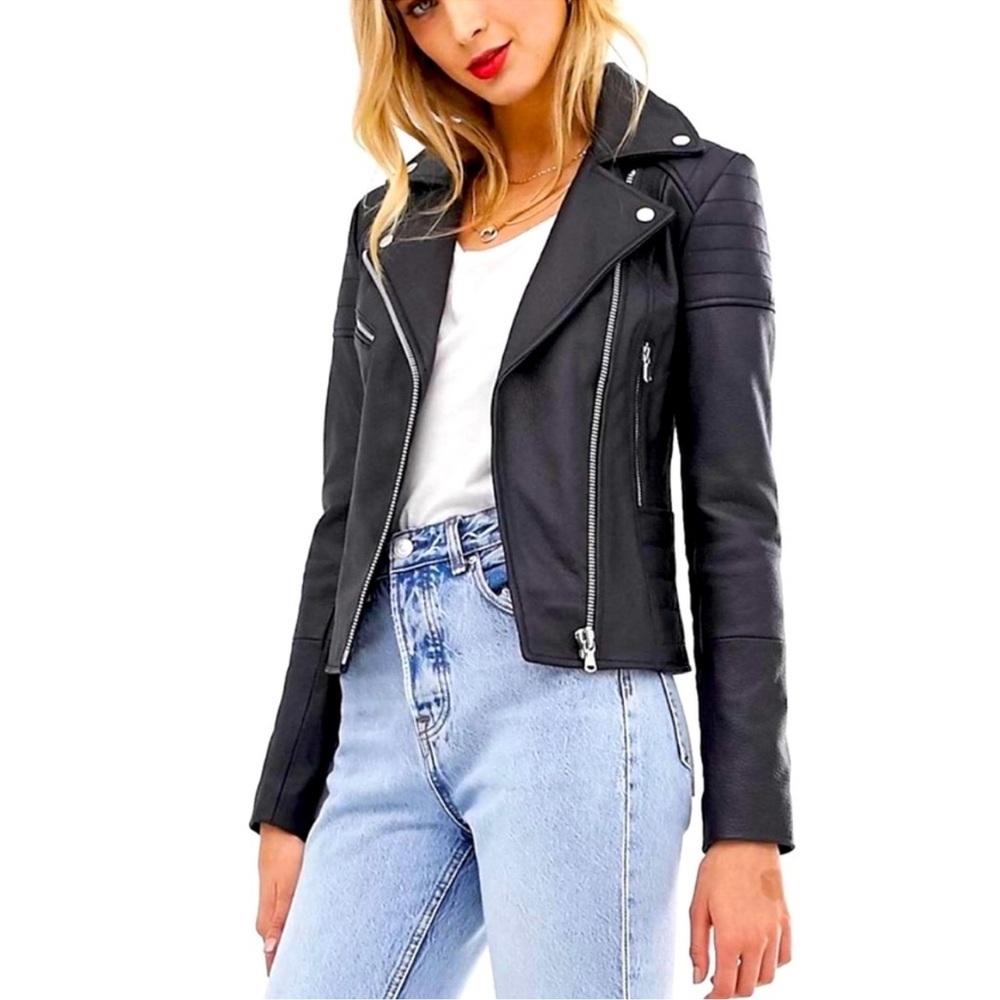 NWT Barney’s Originals Clara TALL Black Leather Moto Jacket UK 6 US 2